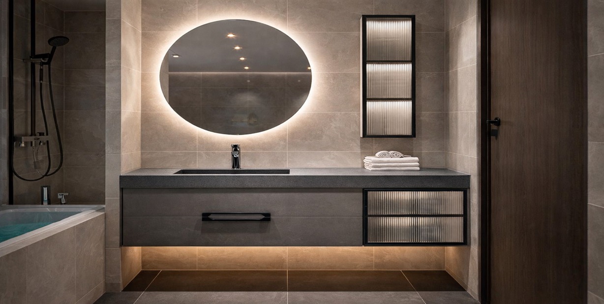 All in one bathroom sink vanity with integrated basin and wall mounted cabinet by FontanaShowers